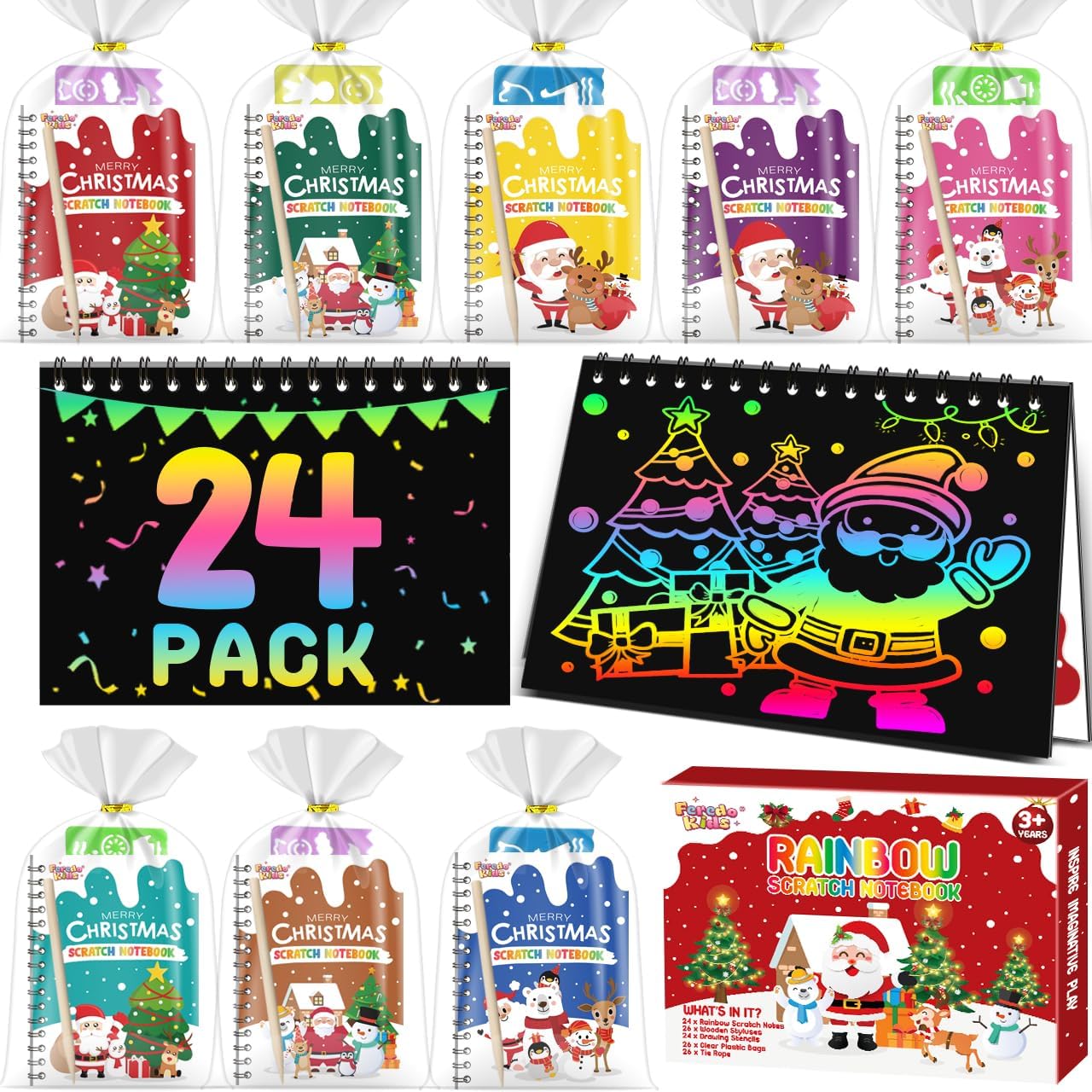 24 Pack Christmas Rainbow Scratch Art Notebooks - Fun Party Favors for Kids