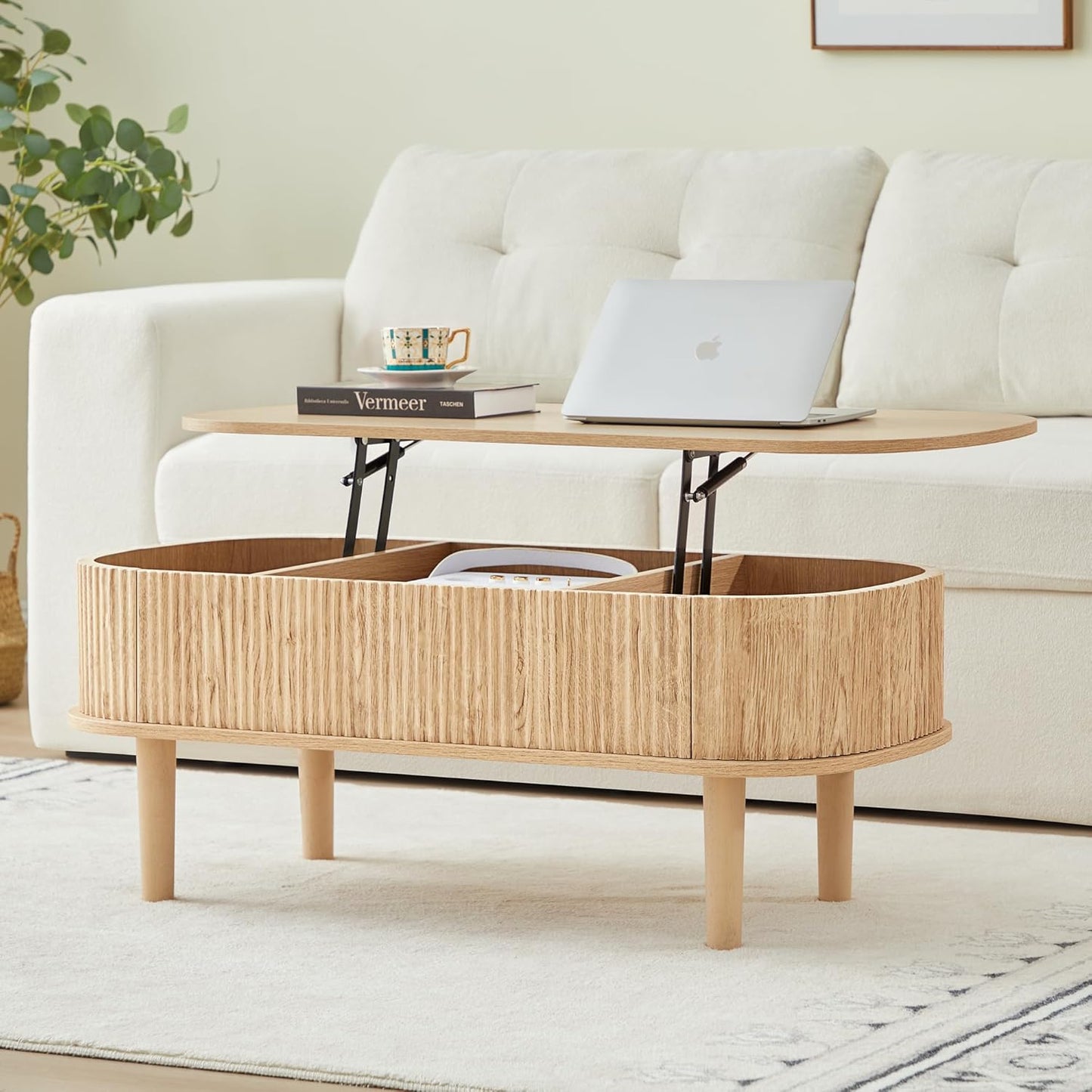 Fluted Lift Top Coffee Table with Hidden Compartment for Modern Homes
