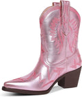 Women Metallic Embroidered Pointed Toe Short Cowboy Boots - Chunky