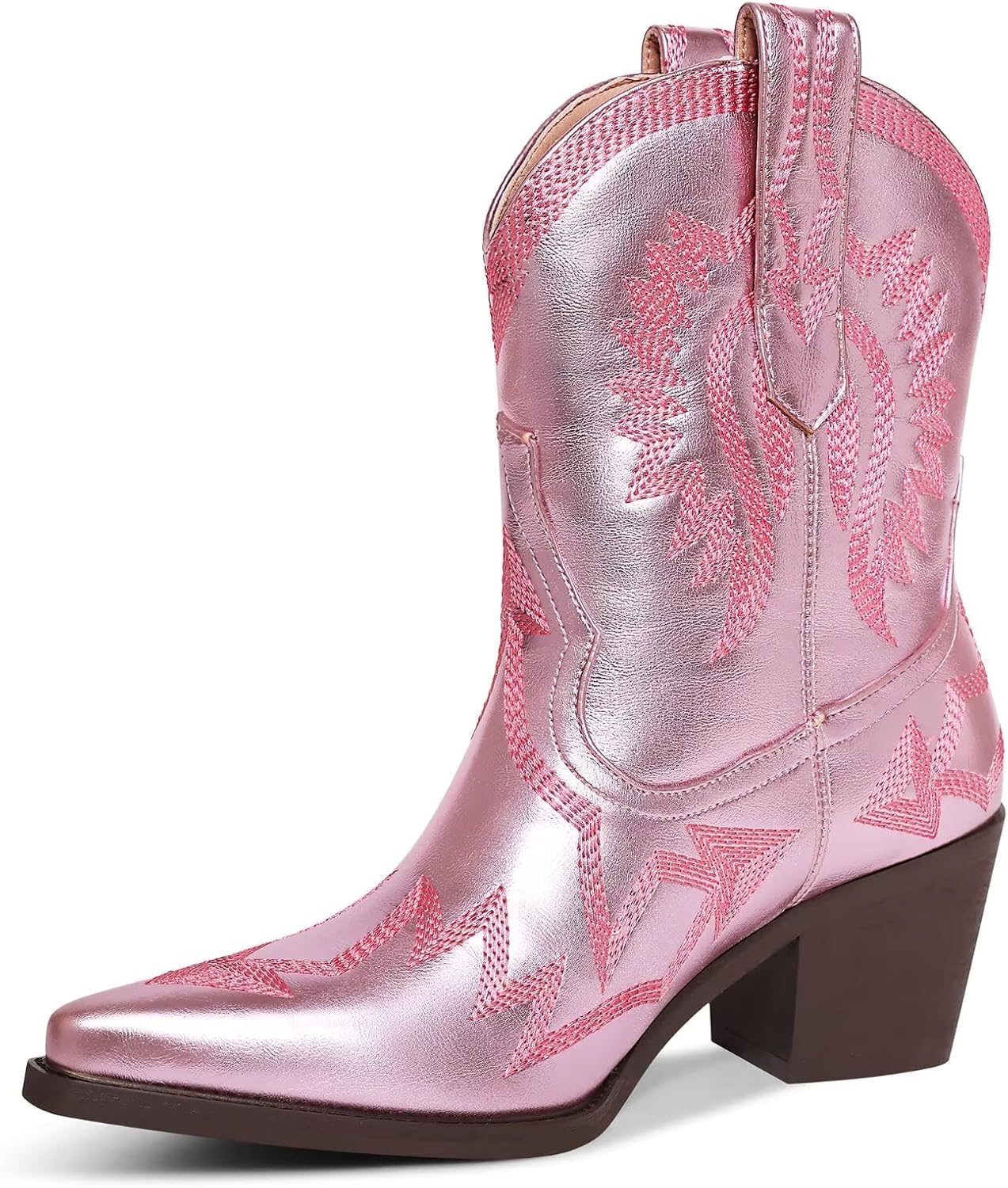 Western Boots for Women with Metallic Embroidery and Chunky Heel