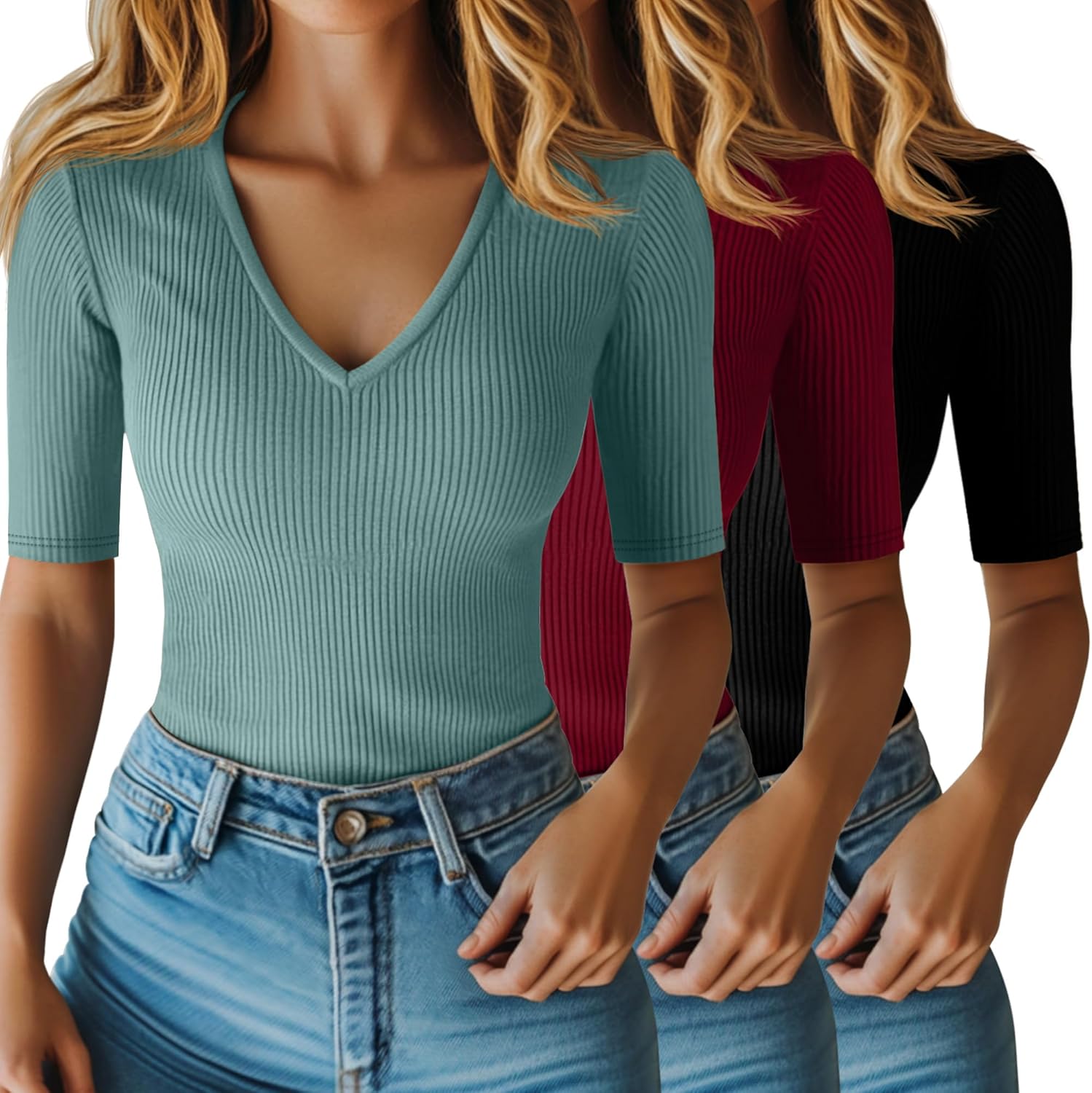 Riyiper Women's Half Sleeve Top V Neck Slim Fit Casual Blouse