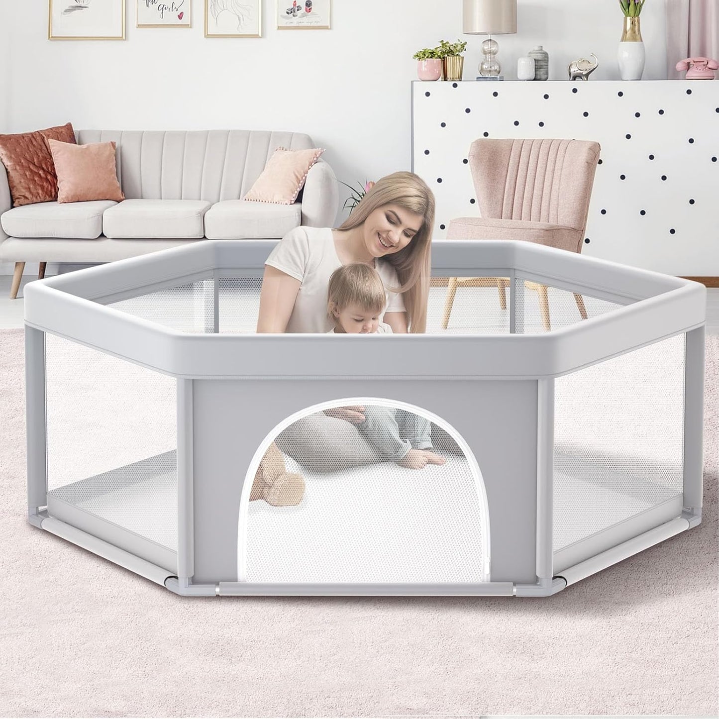 Baby Playpen 65x65 Inch Hexagonal Safety Play Yard for Kids