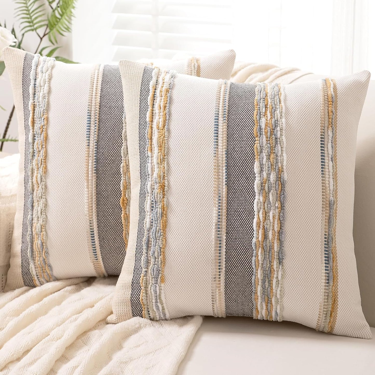 Boho Throw Pillow Covers 18x18 Set of 2 for Farmhouse Decor