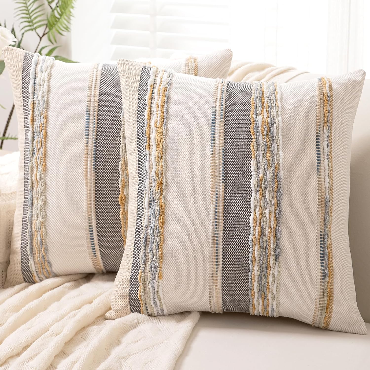 Boho Throw Pillow Covers 18x18 Set of 2 for Farmhouse Decor
