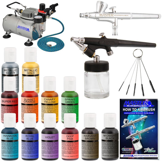 Ultimate Cake Decorating Kit - 2 Airbrushes, 12 Colors, Dual Fan Compressor