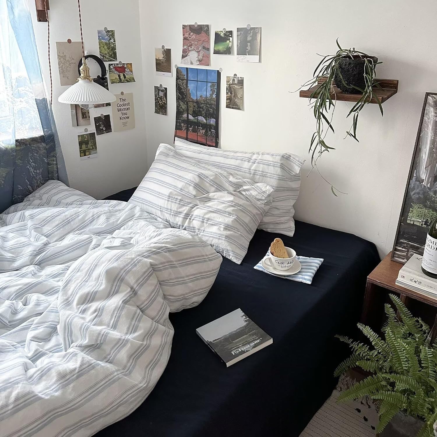 MKXI Full Size Duvet Cover Set - Soft Cotton Blue Stripes