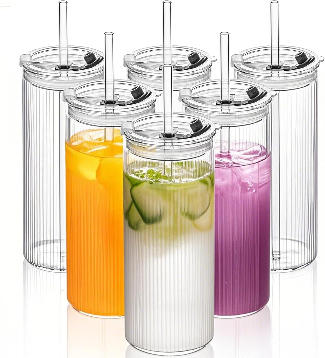 Ribbed Glass Cups with Lids & Straws for Iced Coffee Lovers