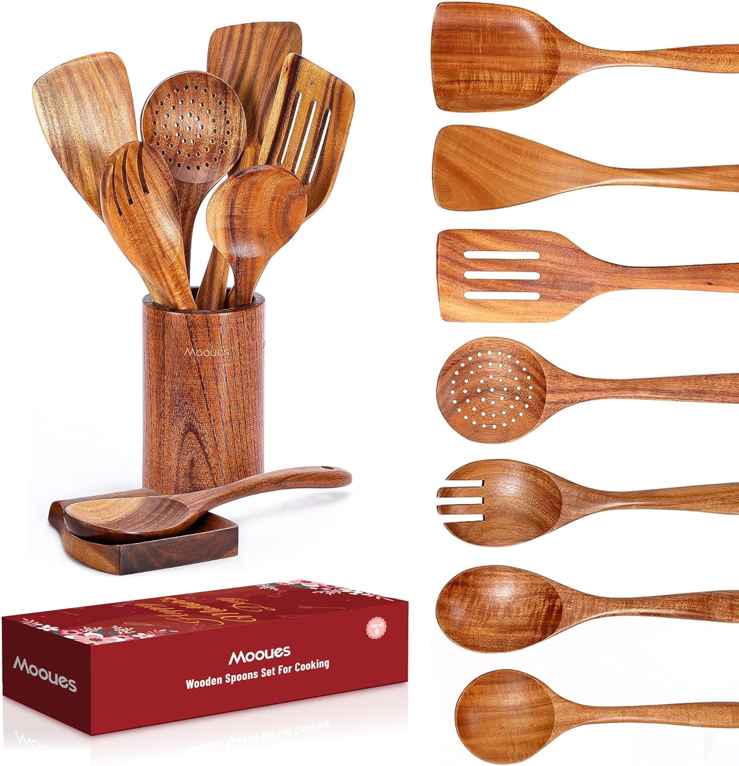 9 Piece Wooden Spoons Set for Cooking with Utensil Holder