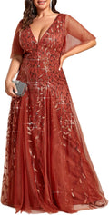Plus Size V-Neck Sequin Embroidery A-Line Floor Length Dress - Glam It