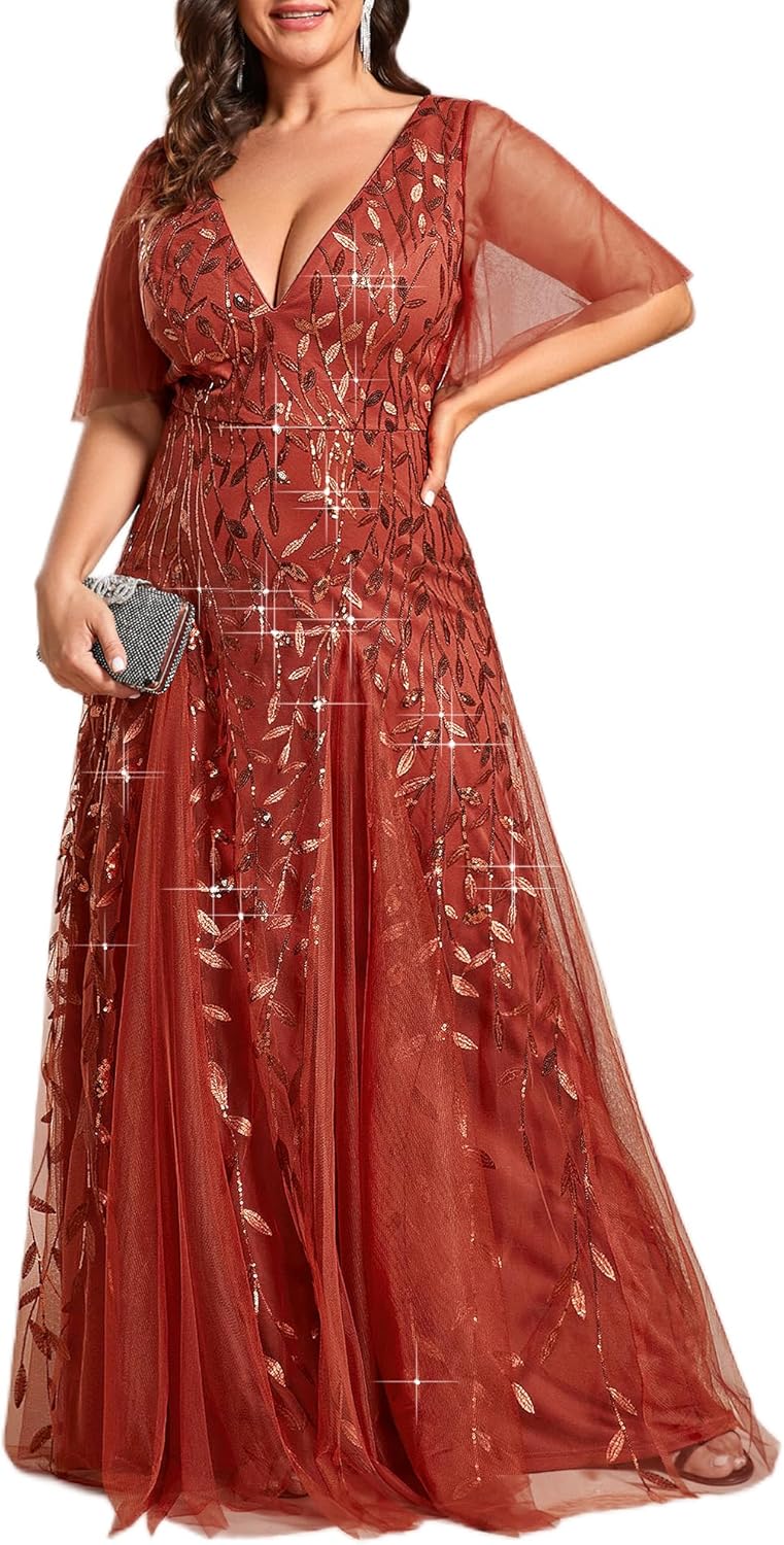 Plus Size V-Neck Sequin Embroidery A Line Evening Dress