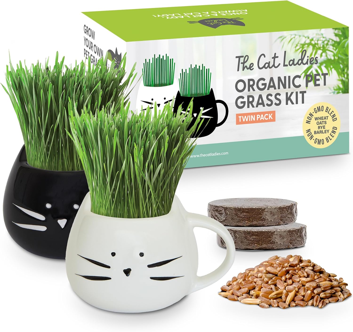 Cat Grass Growing Kit for Indoor Cats with Organic Seeds and Planters