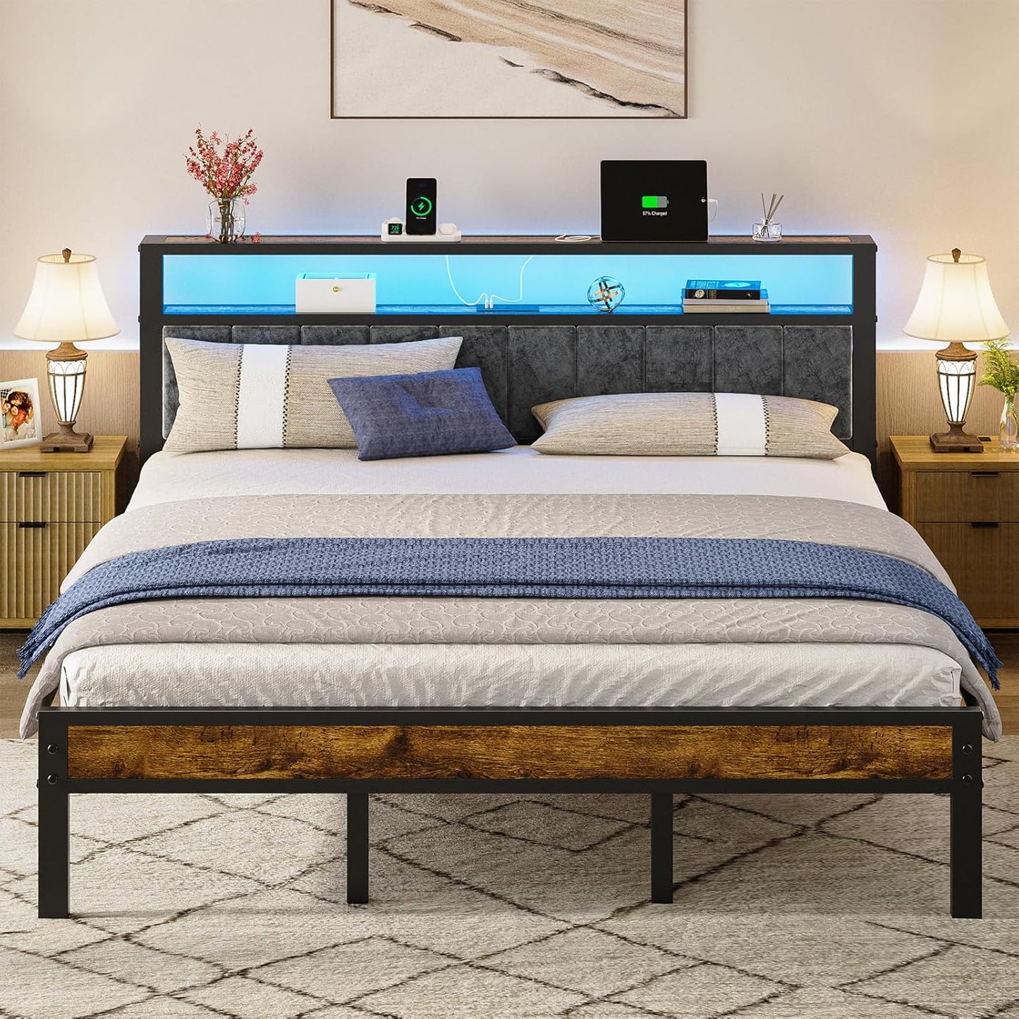 King Size Platform Bed Frame with LED Lights and Storage