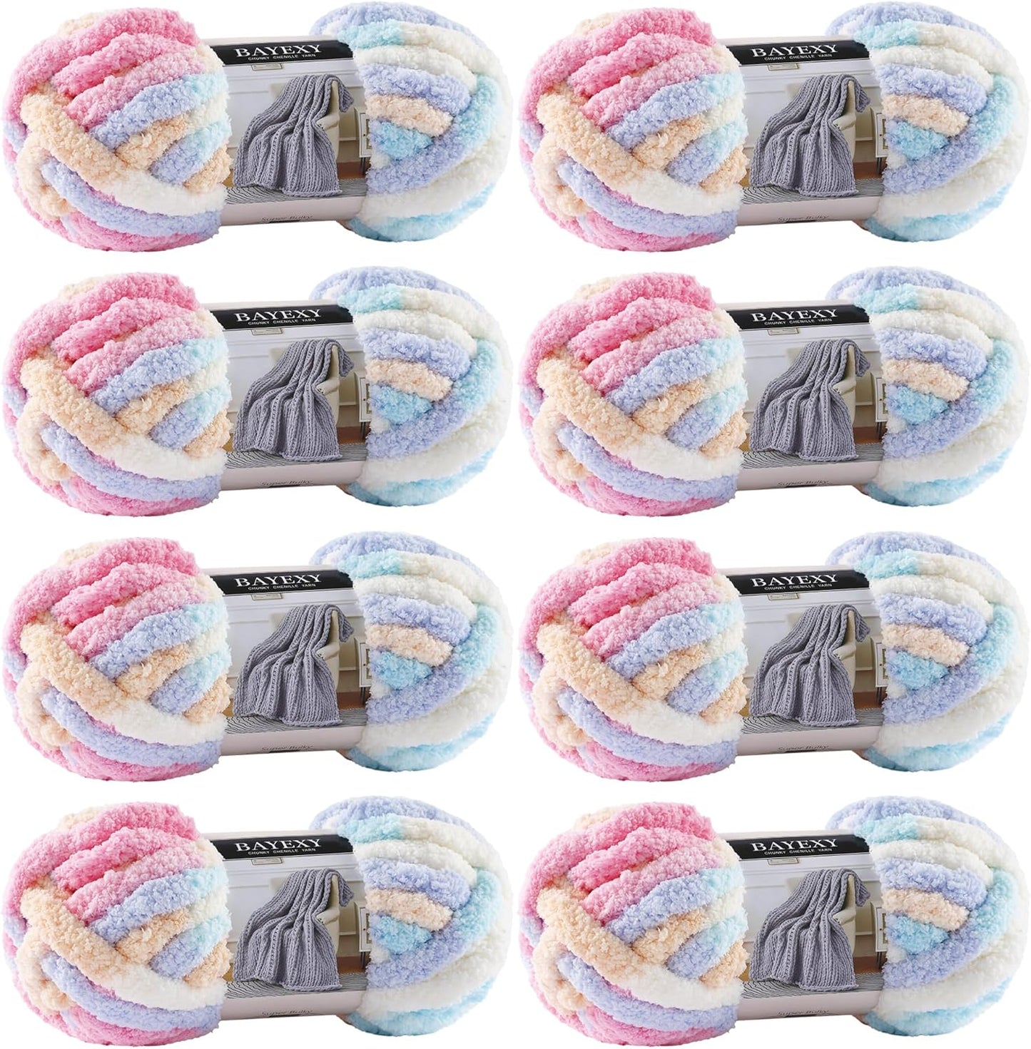 Chunky Chenille Yarn for Hand Knitting - Jumbo Pack of 8
