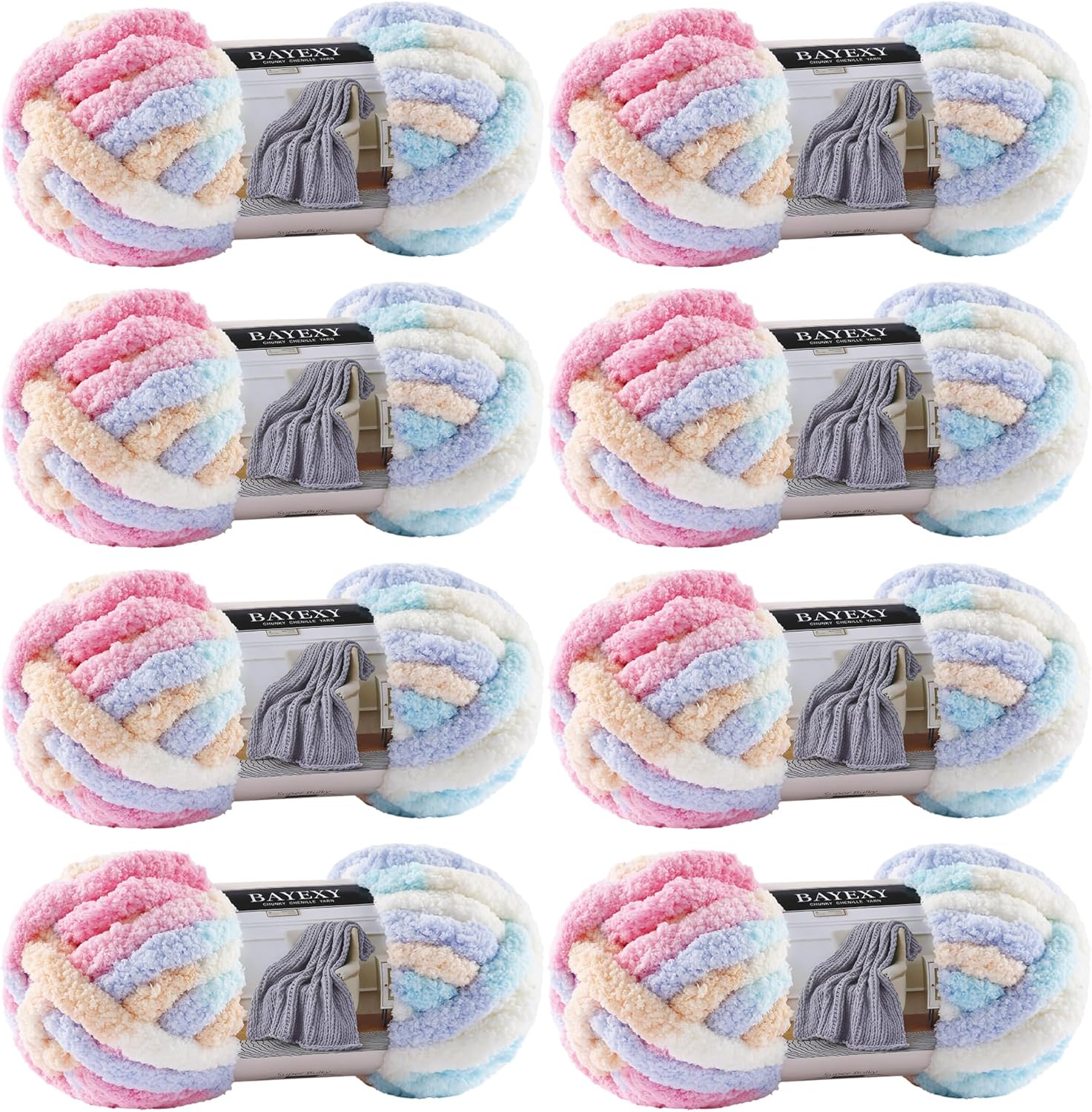 Chunky Chenille Yarn for Hand Knitting - Jumbo Pack of 8