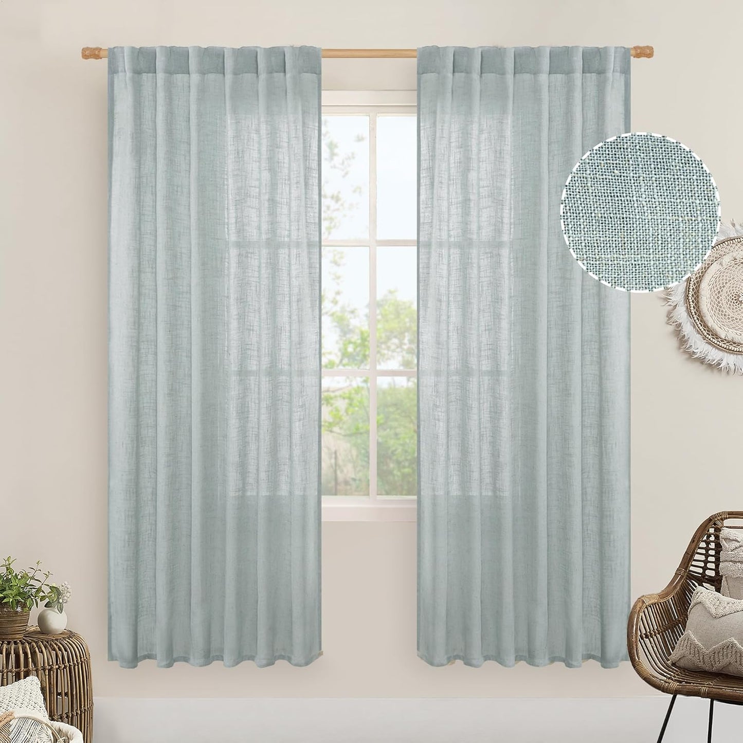 LAMIT Greyish Blue Linen Curtains for Living Room and Bedroom