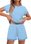 Waffle Knit Lounge Set for Women Stripe Pajama Shorts Set - Soft