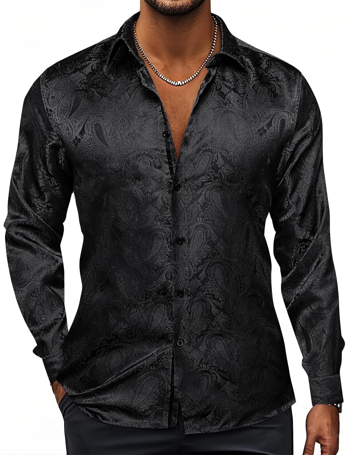 Hi-Tie Silk Mens Paisley Dress Shirts for Formal Occasions