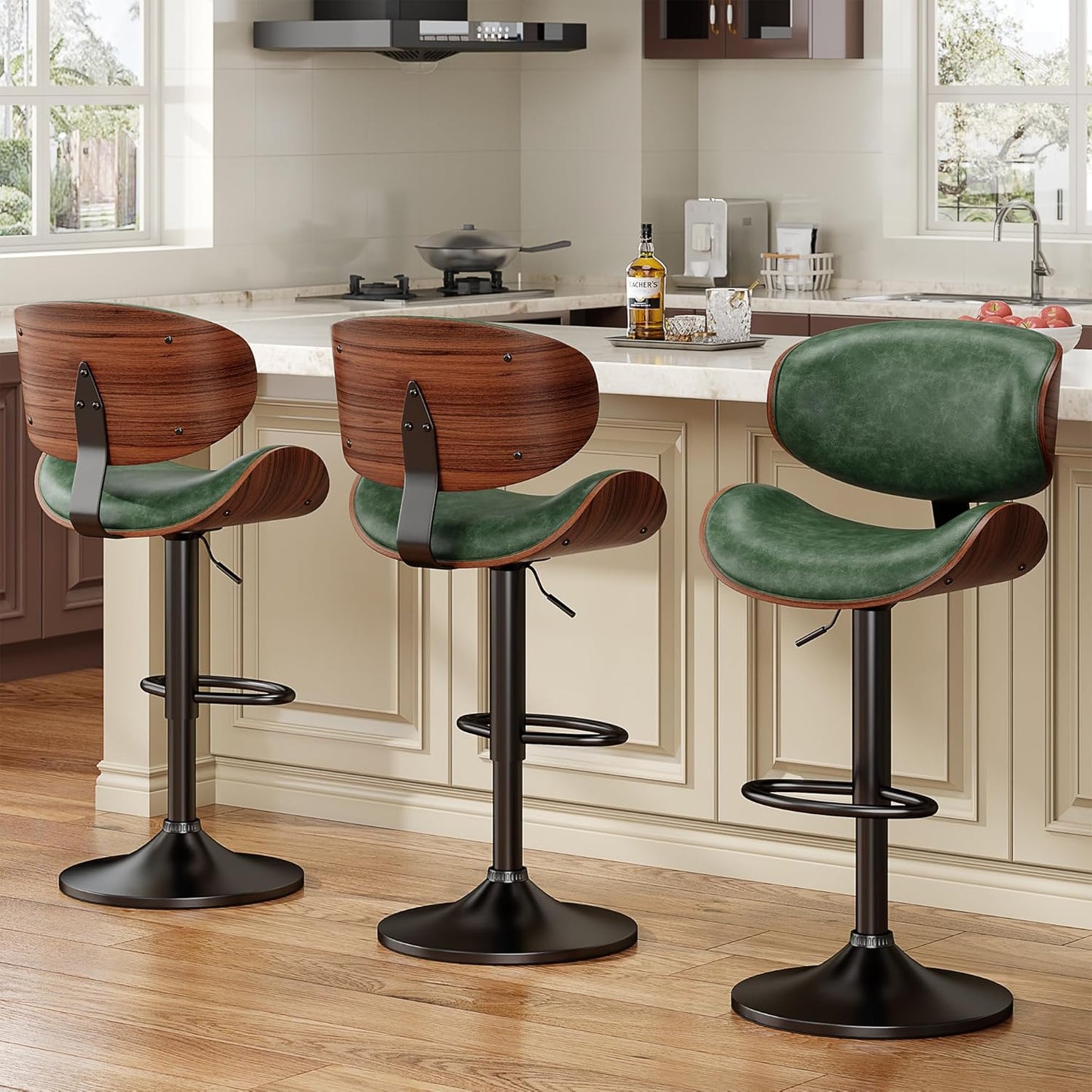 Bentwood Adjustable Height Swivel Bar Stools Set of 3 in Green
