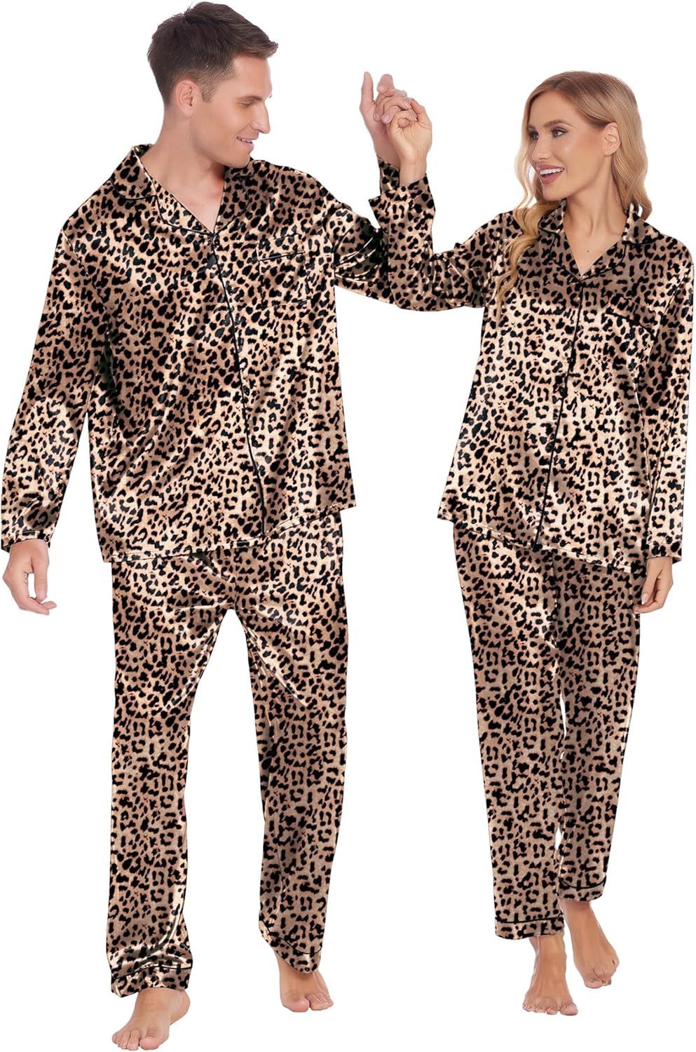 Ekouaer Couples Matching Pajamas Silk Long Sleeve Sleepwear Set