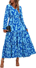 Women Floral Ruffle Maxi Dress V Neck Long Sleeve - Casual Boho