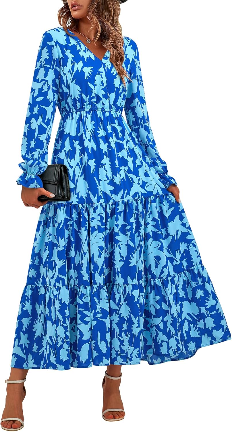 BTFBM Women Fall Dresses 2025 Casual Long Sleeve V Neck Maxi