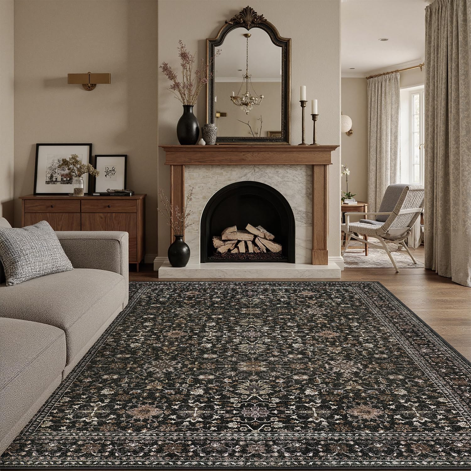 DCX Machine Washable Black Area Rug 8x10 for Living Room