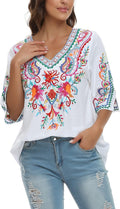 Women's Summer Embroidered Mexican Shirt Short Sleeve Blouse