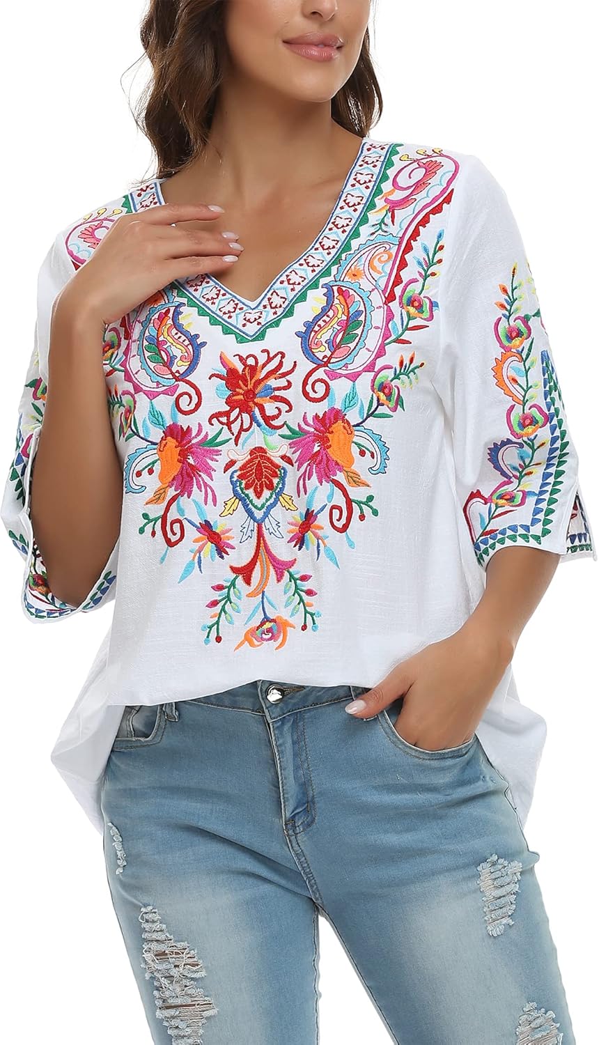 YZXDORWJ Women's Summer Embroidered Mexican Shirts Casual Tops
