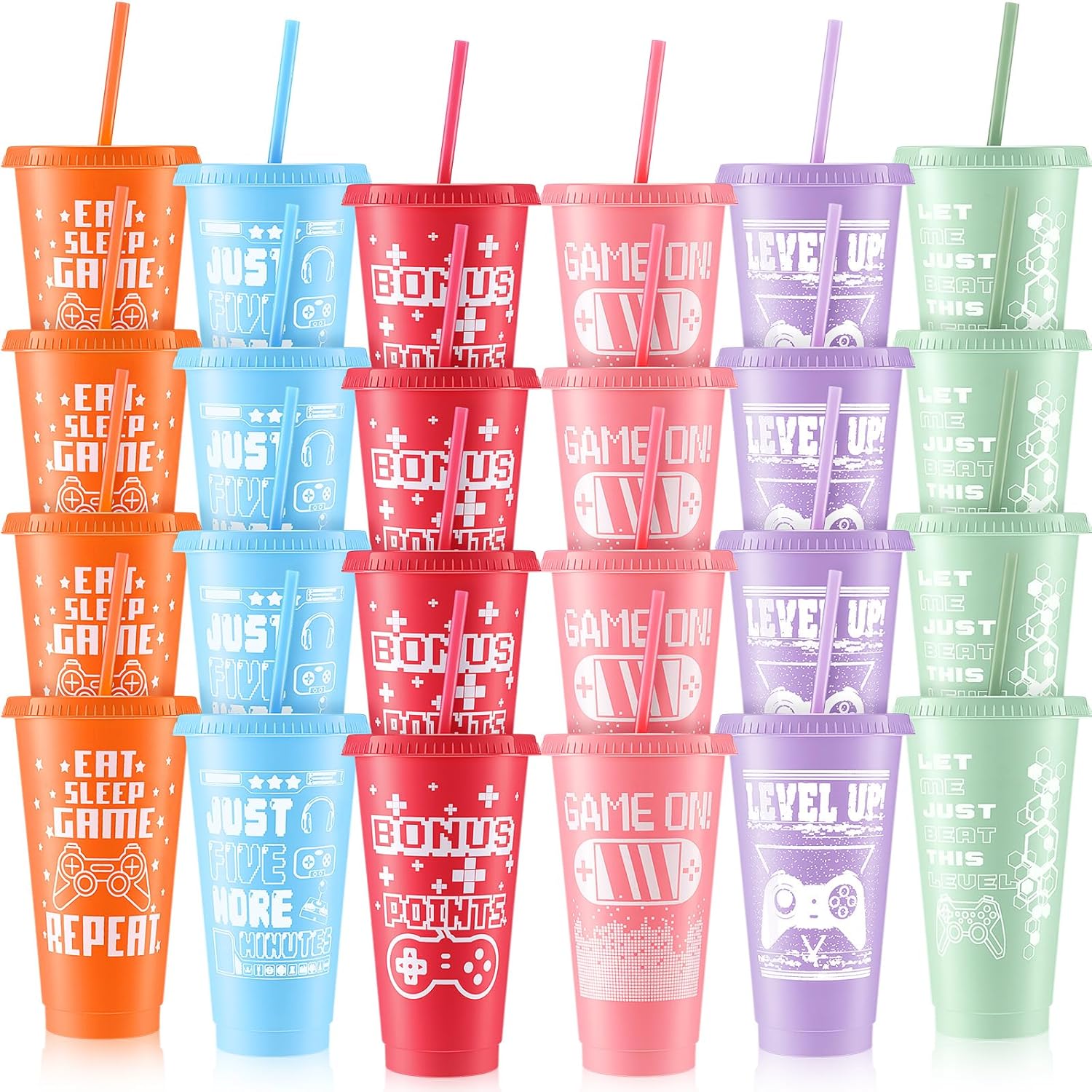 Mifoci Video Game Plastic Cups with Lids and Straws for Parties
