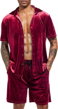 LecGee Men Summer Casual Short Sets Velvet Button Down Two Piece