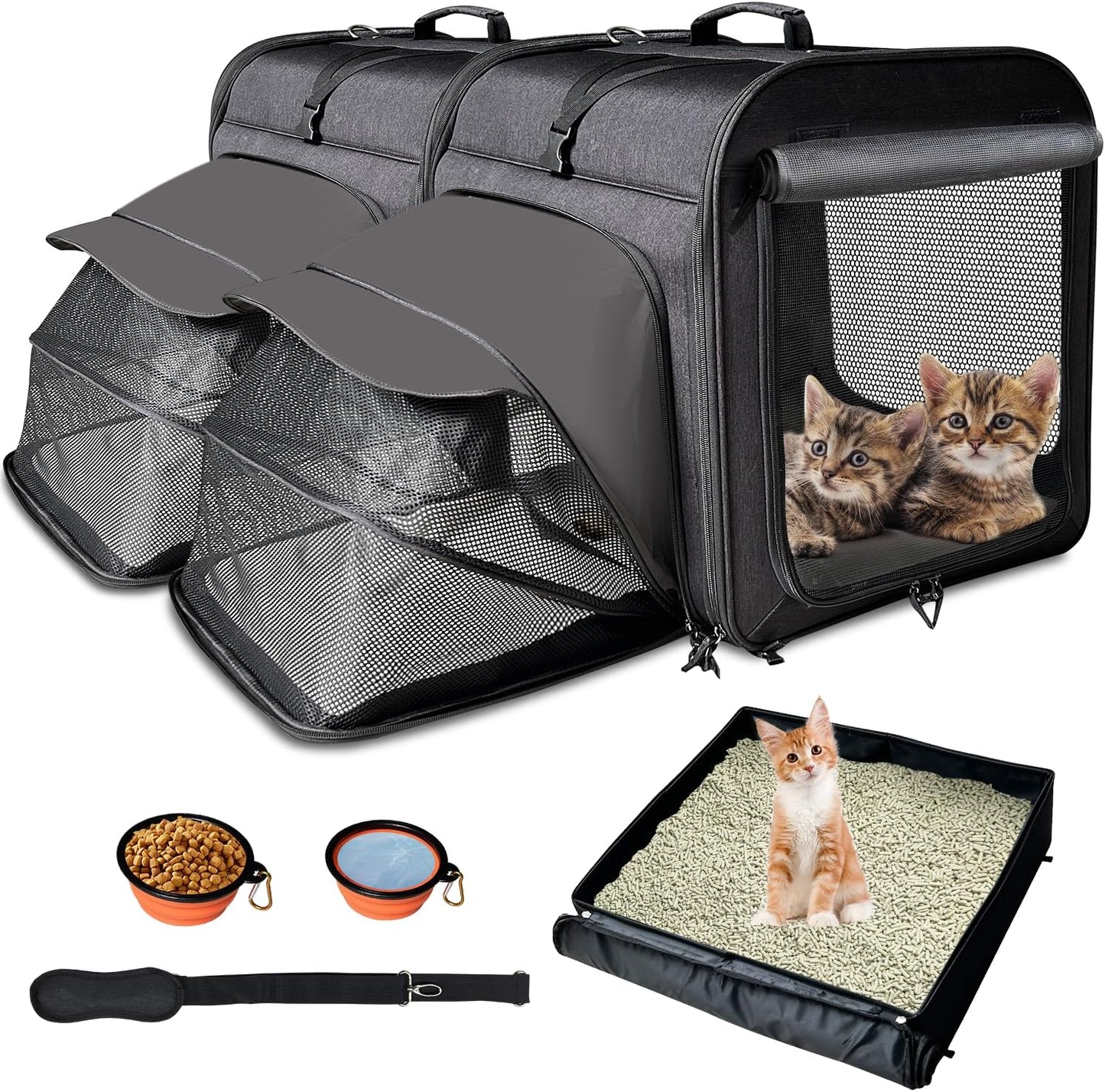 Large Cat Carrier with Litter Box for Travel and Comfort
