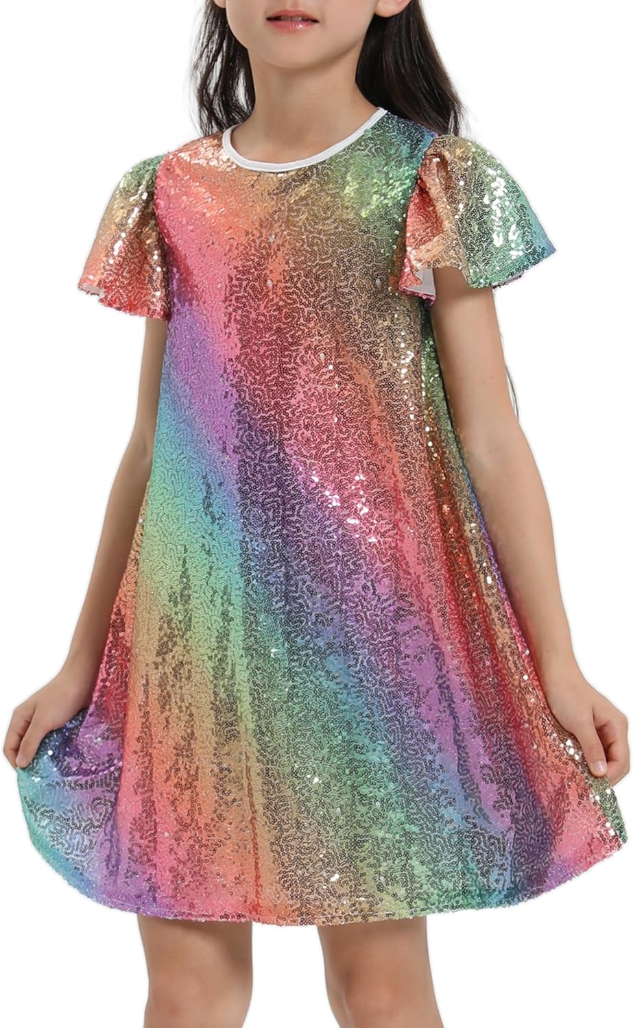 Girls Sequin Dress with Shiny Flutter Sleeves for Parties