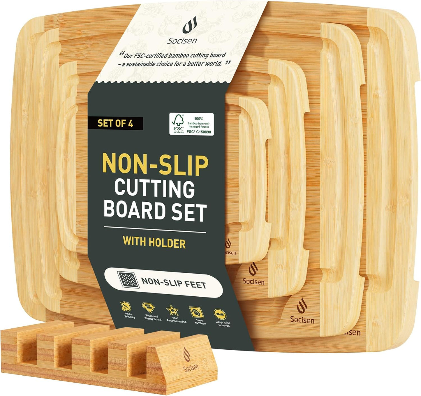 Bamboo Cutting Board Set with Non Slip Feet for Every Kitchen