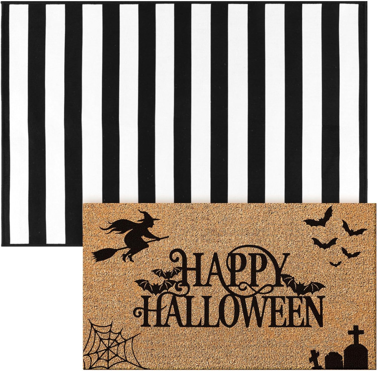 Halloween Coir Doormat Set with Buffalo Plaid Rug for Entryway