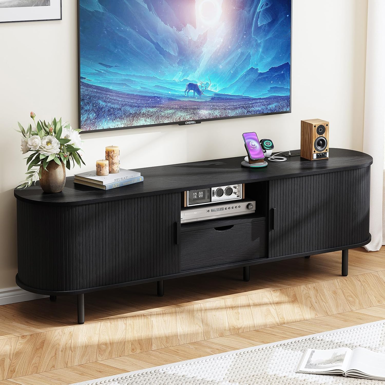 Modern Black TV Stand with Power Outlet - Organized Entertainment Hub