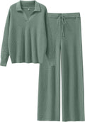 Women Two Piece Waffle Knit Sweater Set - Wide Leg Lounge Set