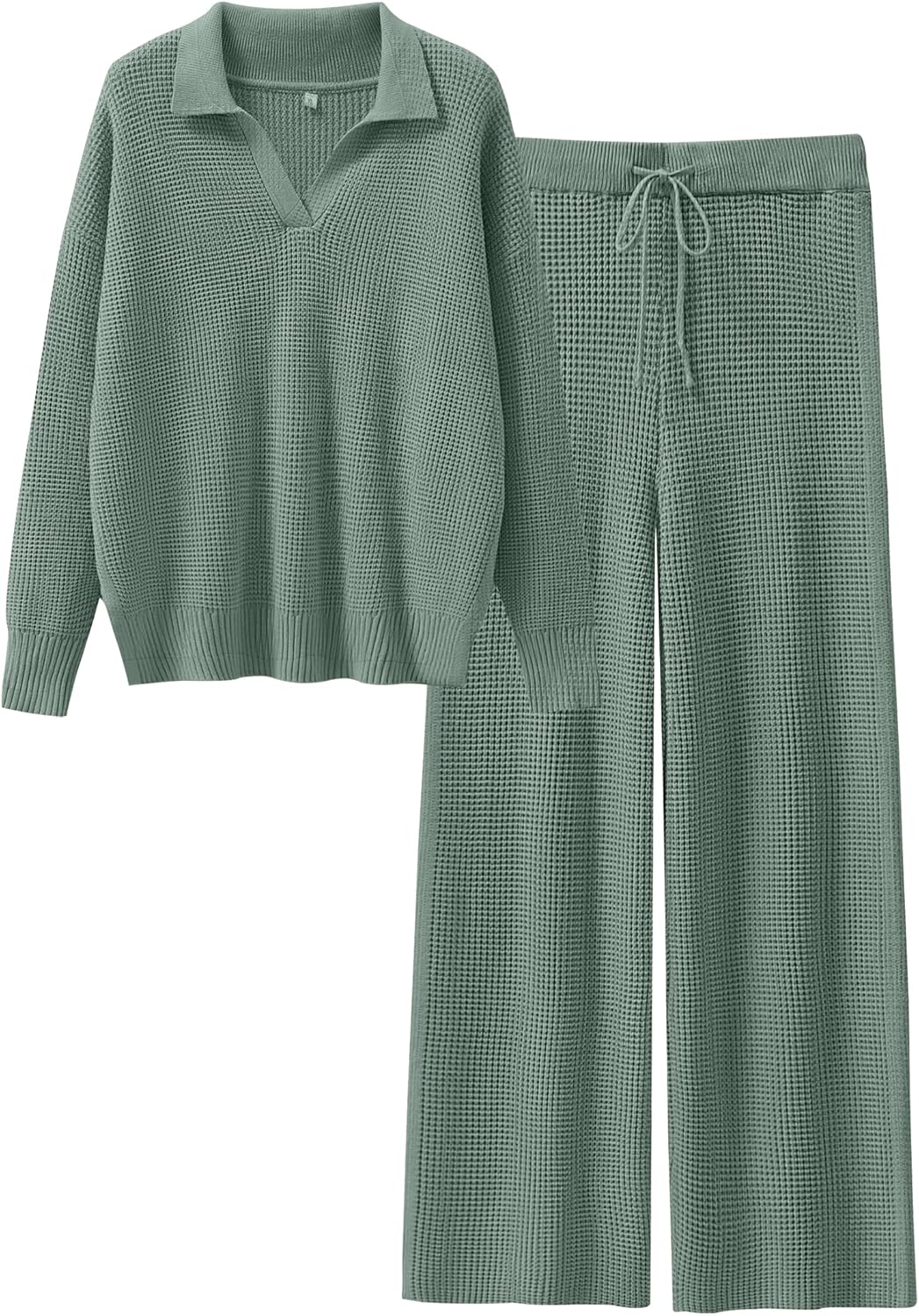 Waffle Knit Pullover Matching Wide Leg Pants Tracksuit Set