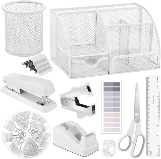 White Desk Organizer Set - 11 Accessories for Stylish Office Organization