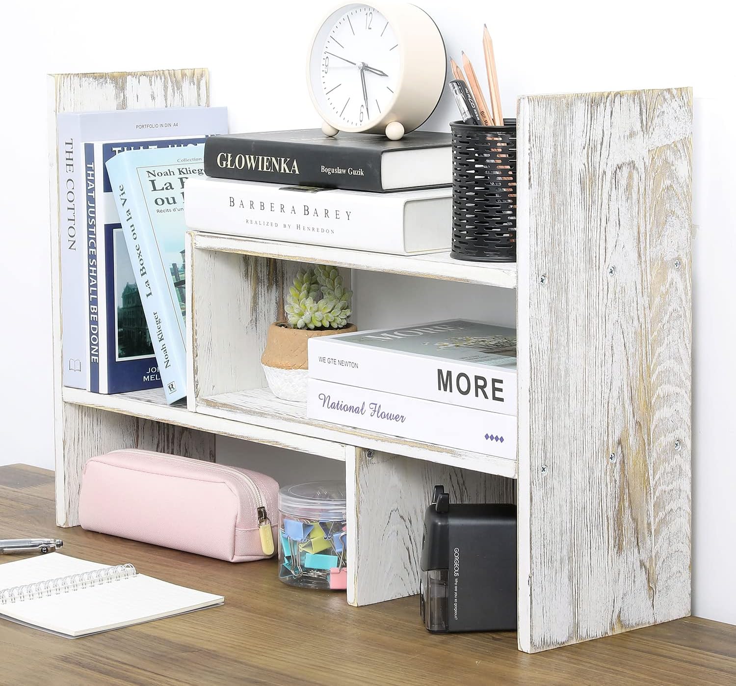 Adjustable Whitewashed Solid Wood Desktop Storage Organizer Shelf