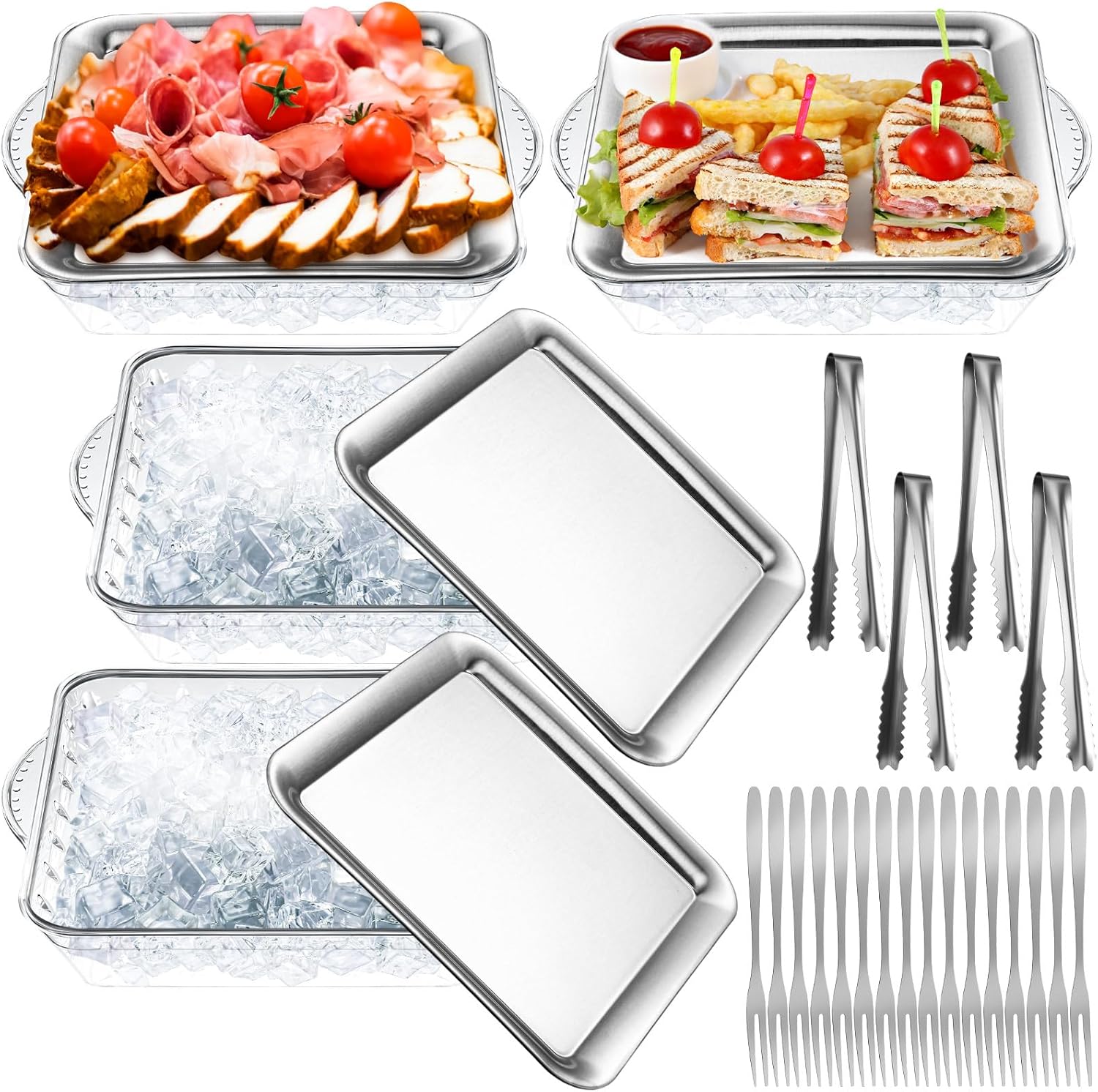 Chilled Serving Tray Set for Parties with Compartments and Tongs