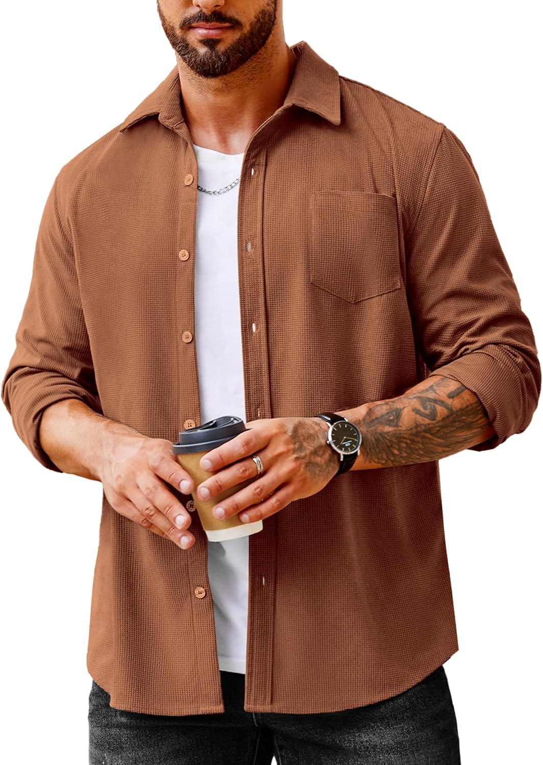 COOFANDY Men's Waffle Button Down Shirt for Casual Style