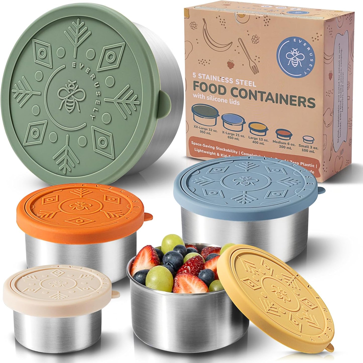 Stainless Steel Containers with Lids - Set of 5 for Meal Prep