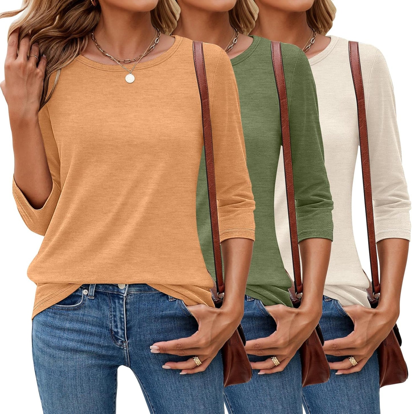 Trendy 3/4 Sleeve Tops for Women - Casual Dressy Basics Tees