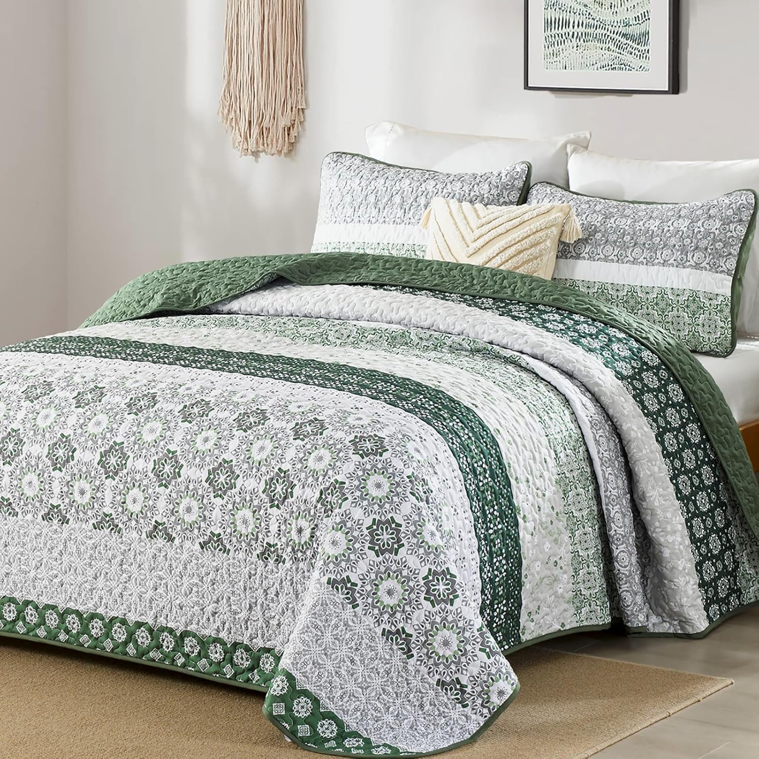 Boho Striped Patchwork Green Quilt Set Queen Size for All Seasons