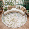 jinchan Round Rug 8ft Ivory Botanical Birds Print - Machine Washable
