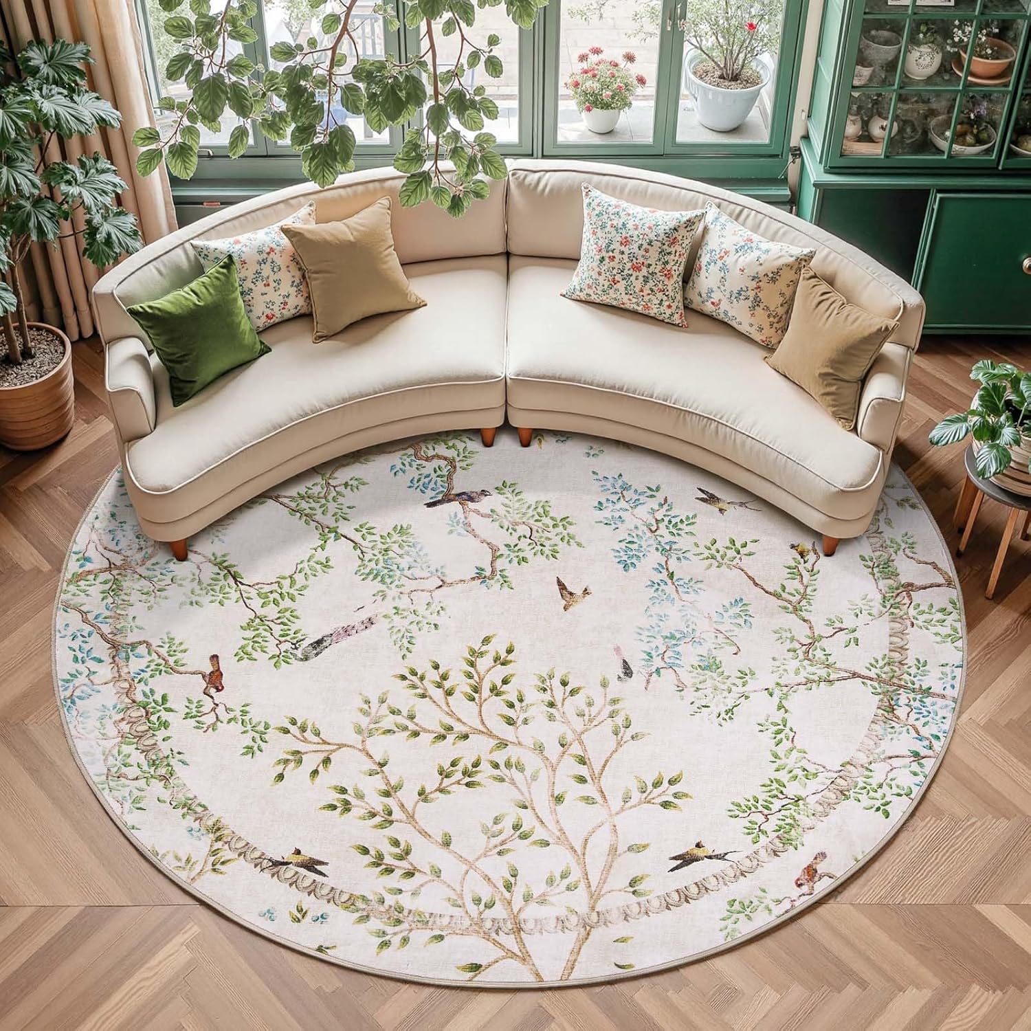 Round Rugs 8ft Ivory Botanical Birds Print for Modern Homes