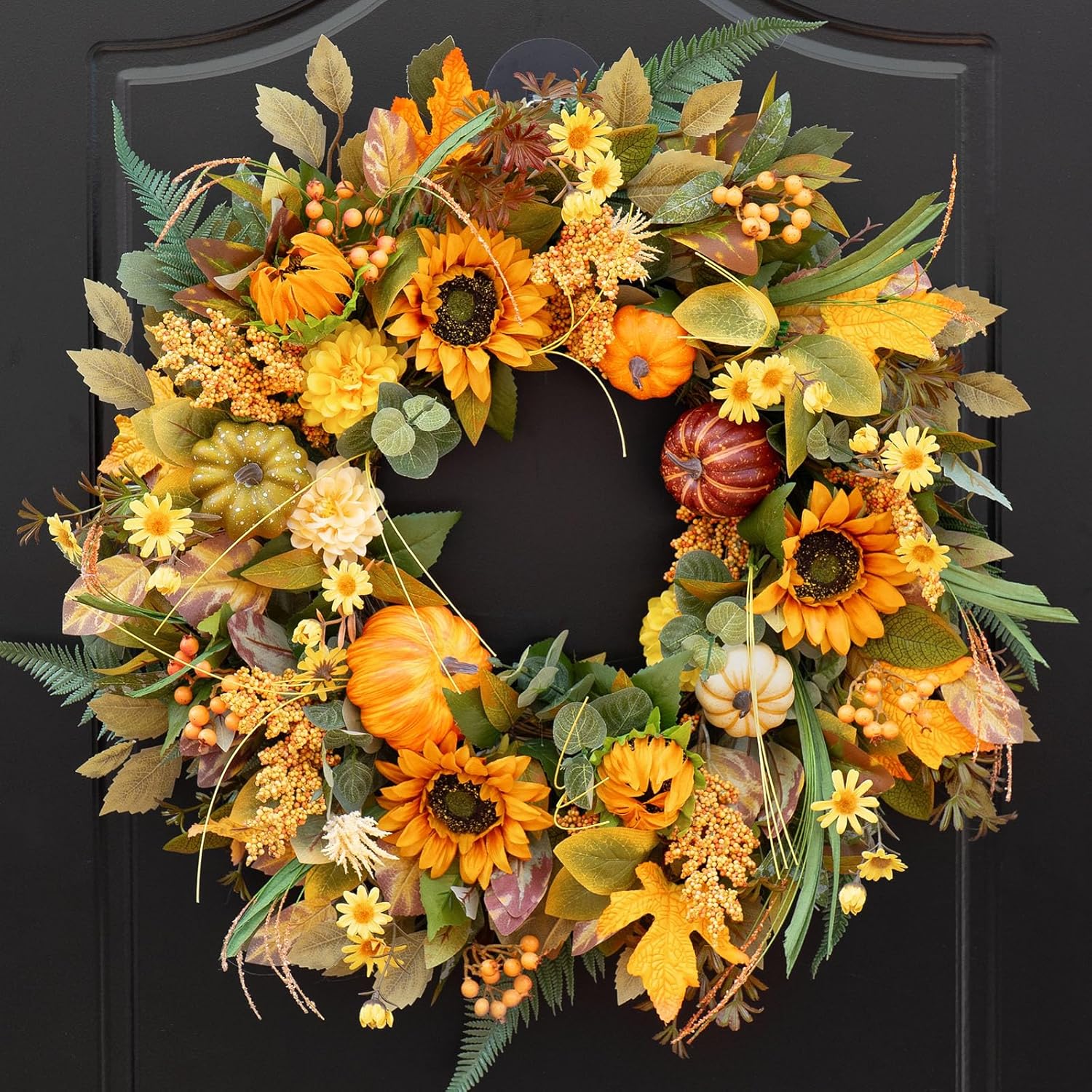 24 Inch Fall Wreath with Sunflowers and Pumpkins for Door