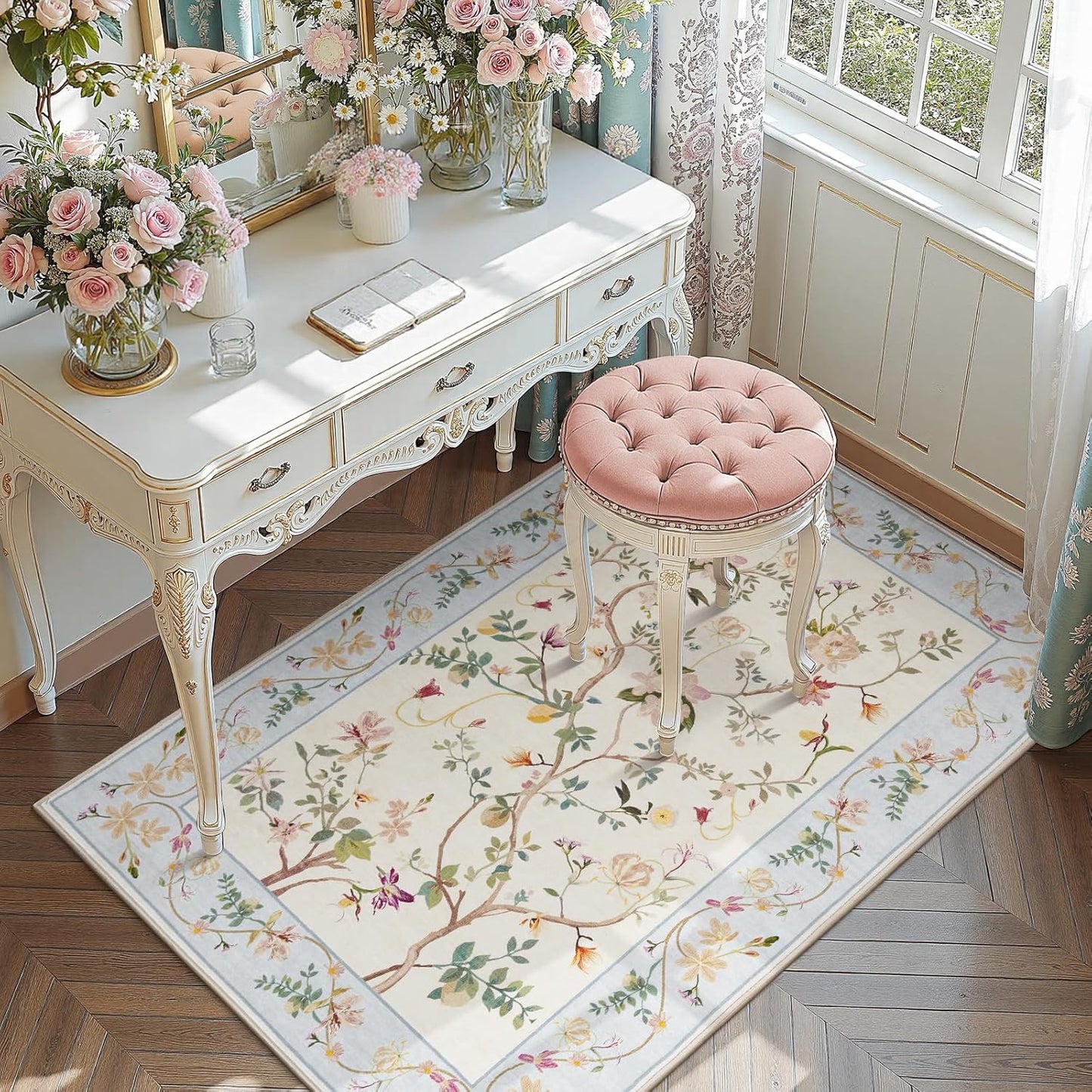 Floral 3x5 Rug, Washable Non-Slip Indoor Area Rug for Home