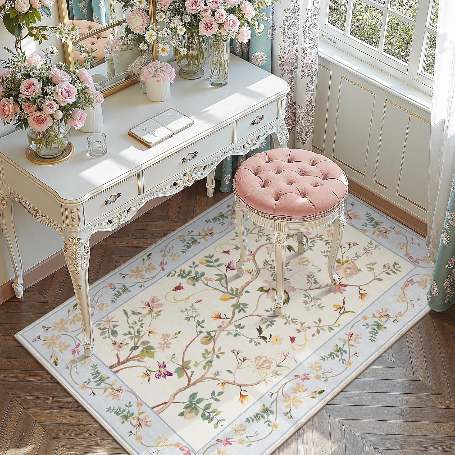 Floral 3x5 Rug, Washable Non-Slip Indoor Area Rug for Home