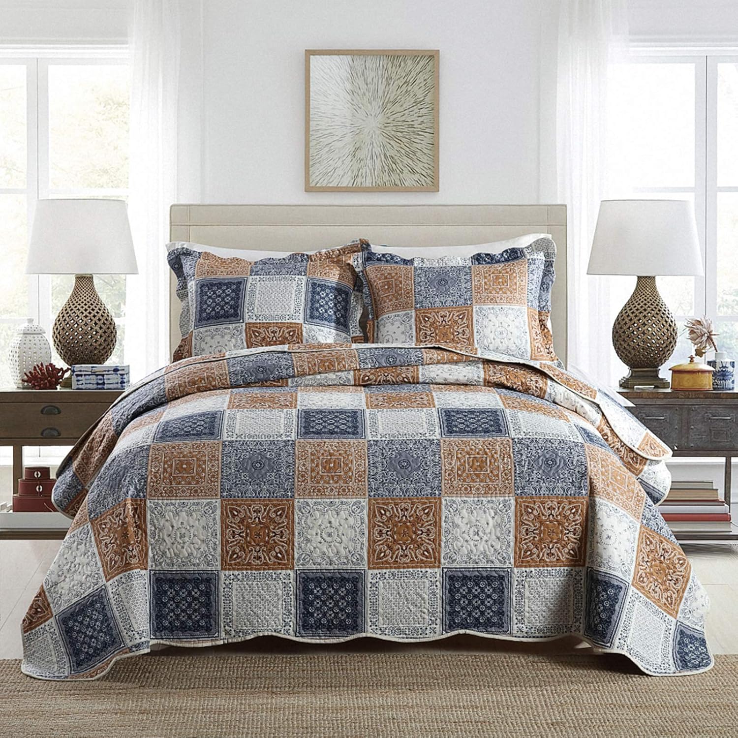 NEWLAKE Quilt Bedspread Set - Color Block Reversible King Size